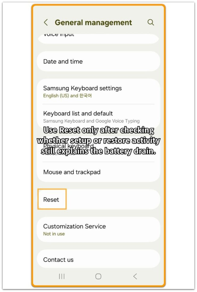 Android reset option in General management for checking factory reset settings