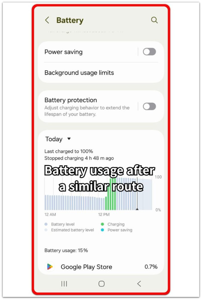 Battery usage screen after a similar route test for Android navigation battery drain