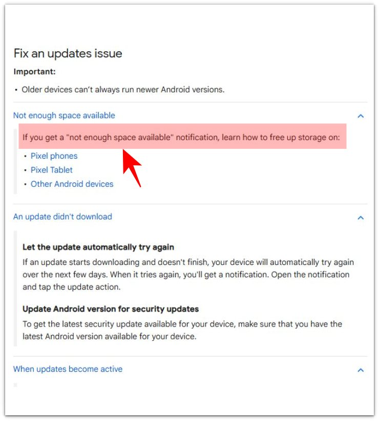 android not enough storage for system update official google help warning screenshot