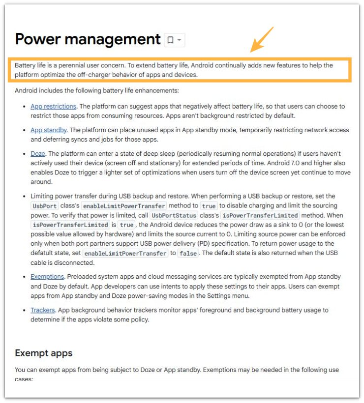 android power management documentation explaining how the system continuously optimizes background behavior to extend battery life