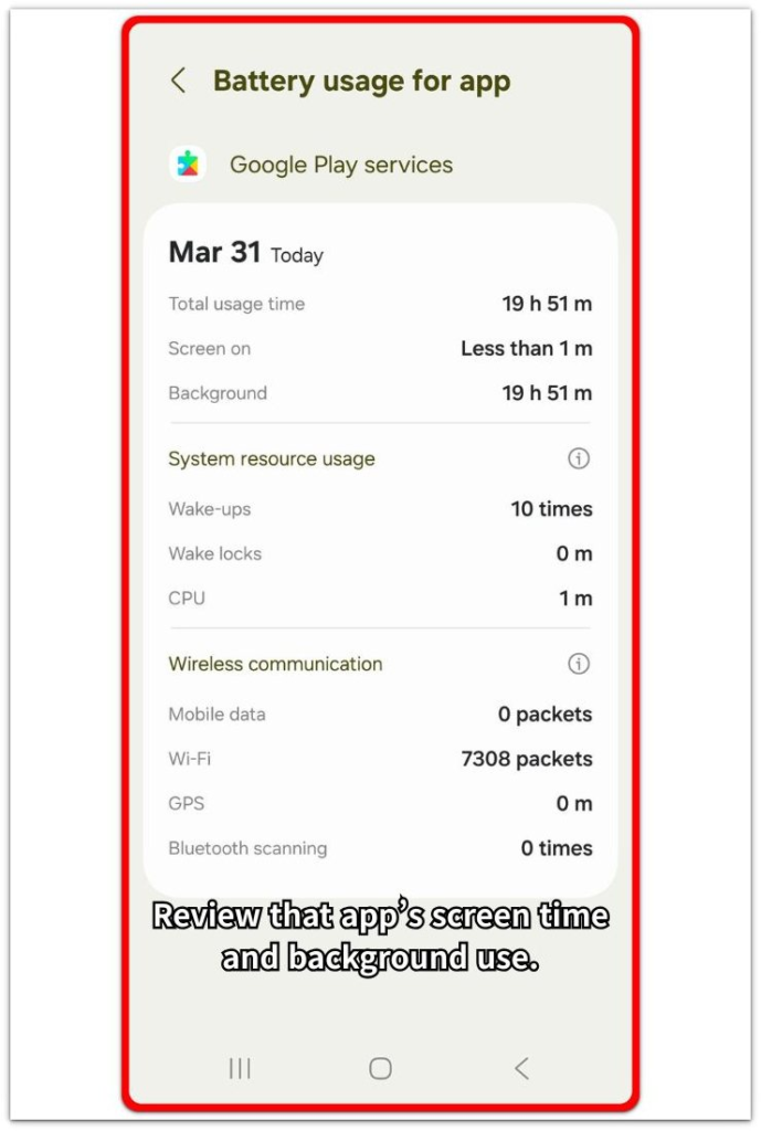 android battery usage for app screen time and background use