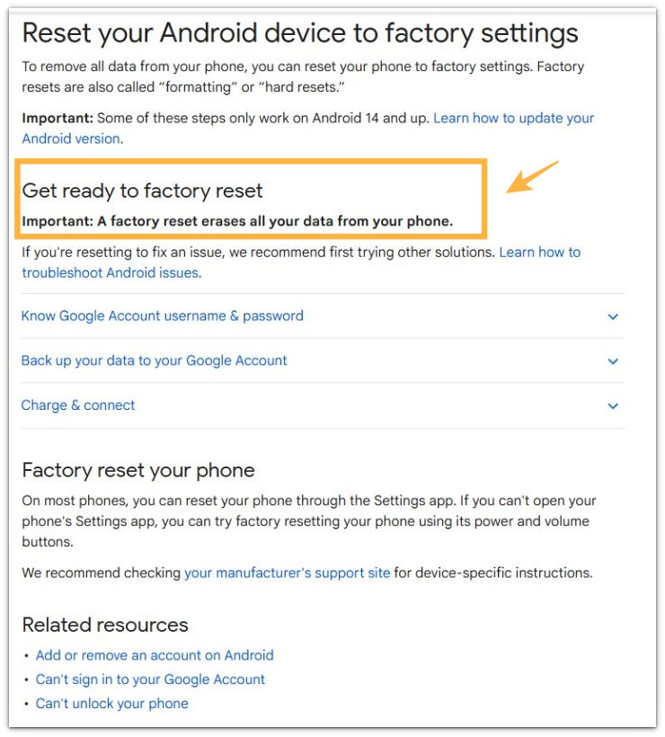 Google Android factory reset help page showing that a factory reset erases all data from the phone