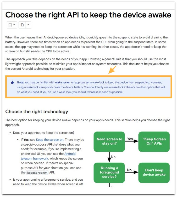 Google Android documentation screenshot explaining wake locks and battery drain
