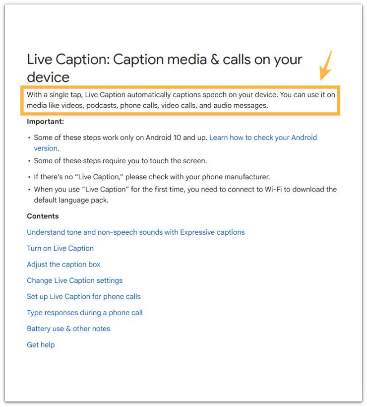 Google Live Caption support page for Android Live Captions battery drain