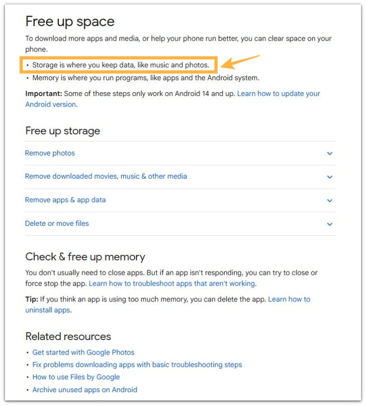 android storage guide showing storage definition where storage is described as the place where user data such as photos and music are stored