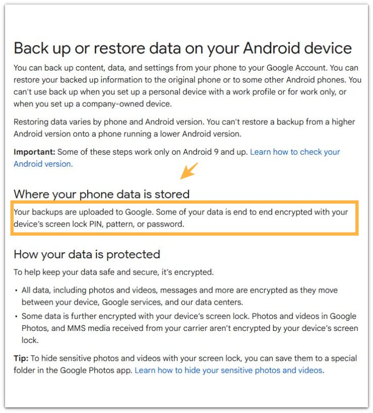 Google support page explaining where Android backup data is stored after backup activity