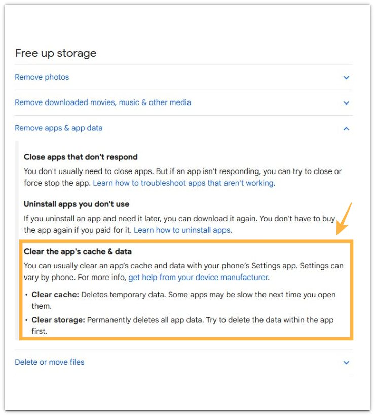 clear cache and data explanation from Google Android Help showing temporary cache and app data removal differences
