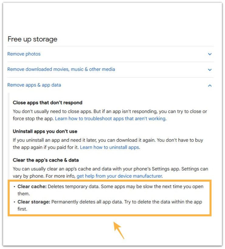 Google guidance on app cache and storage in Android
