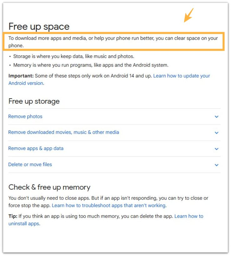 google storage cleanup categories for android storage warning
