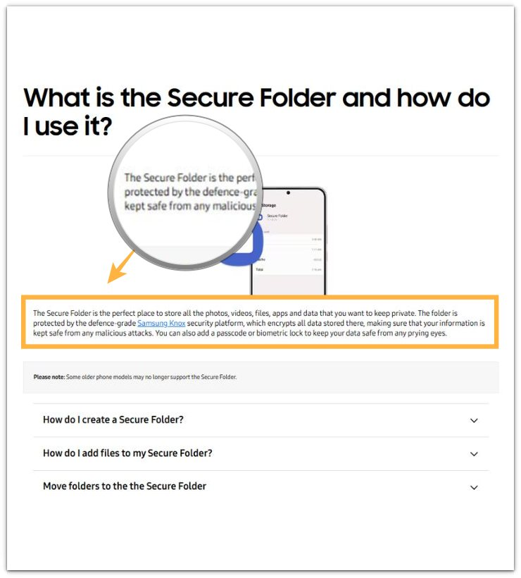 official samsung secure folder support page showing that photos, videos, files, apps, and data can be stored inside secure folder