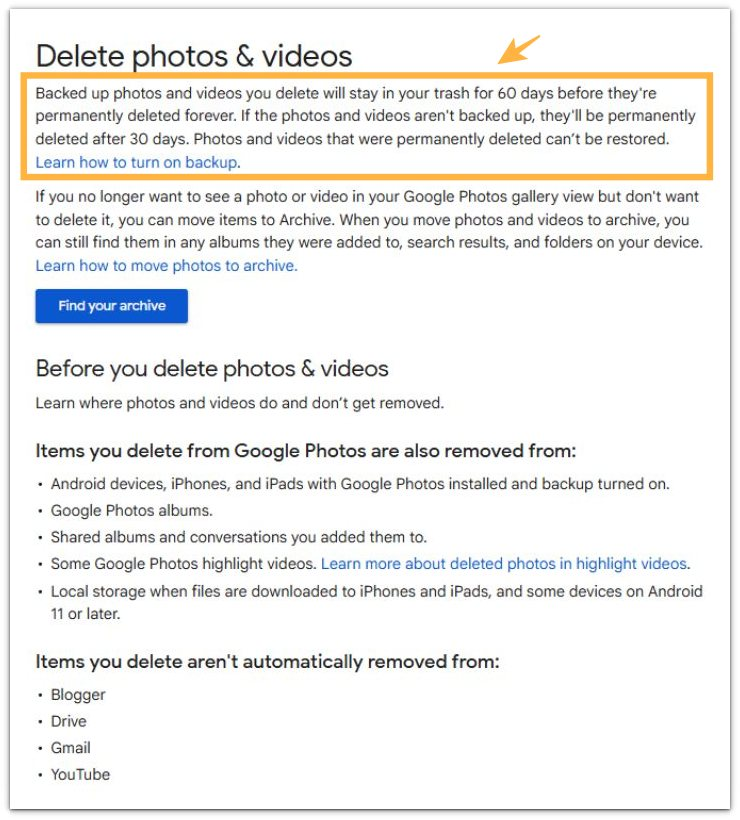 android trash taking up space official source showing Google Photos trash time limit