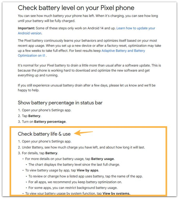 google pixel battery usage help page showing battery life and app usage steps