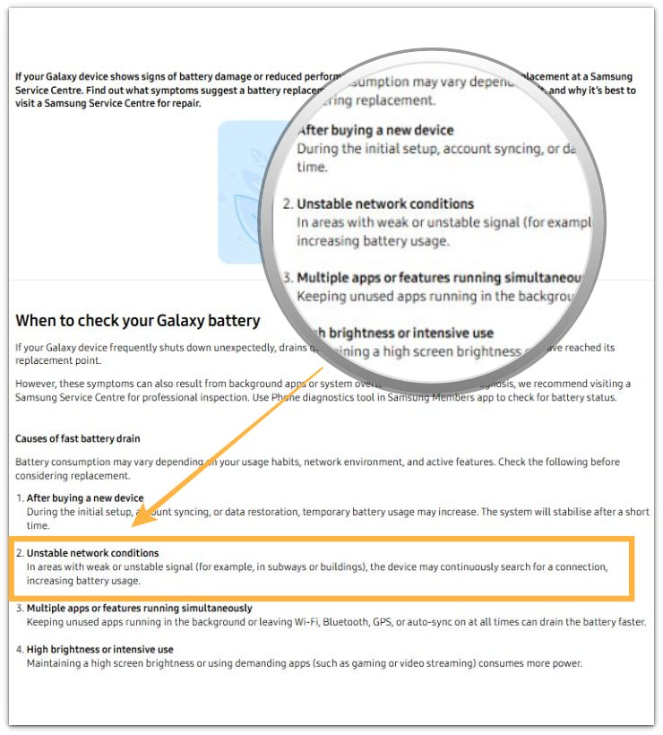 samsung galaxy weak signal explanation showing unstable network conditions increasing battery usage during phone calls