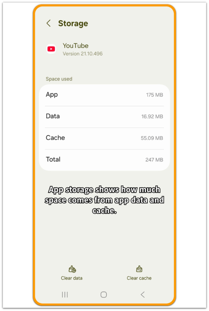 android app storage page showing app data and cache usage