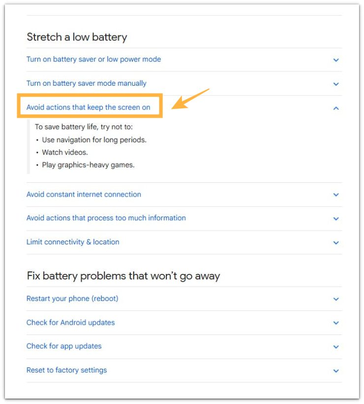 Google battery guidance showing screen-on actions that affect Android battery use