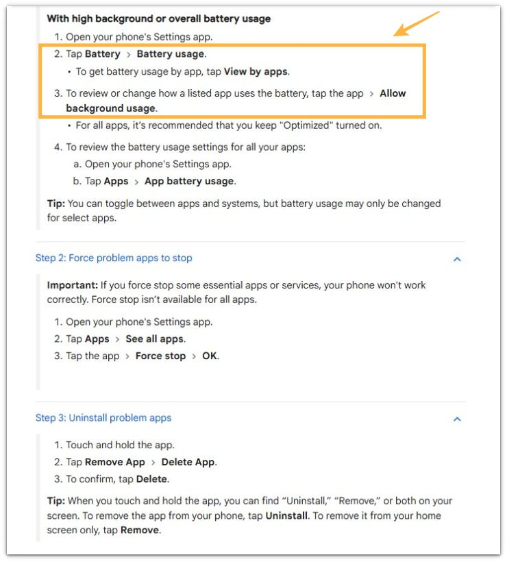 official google battery usage by app and background battery settings on android
