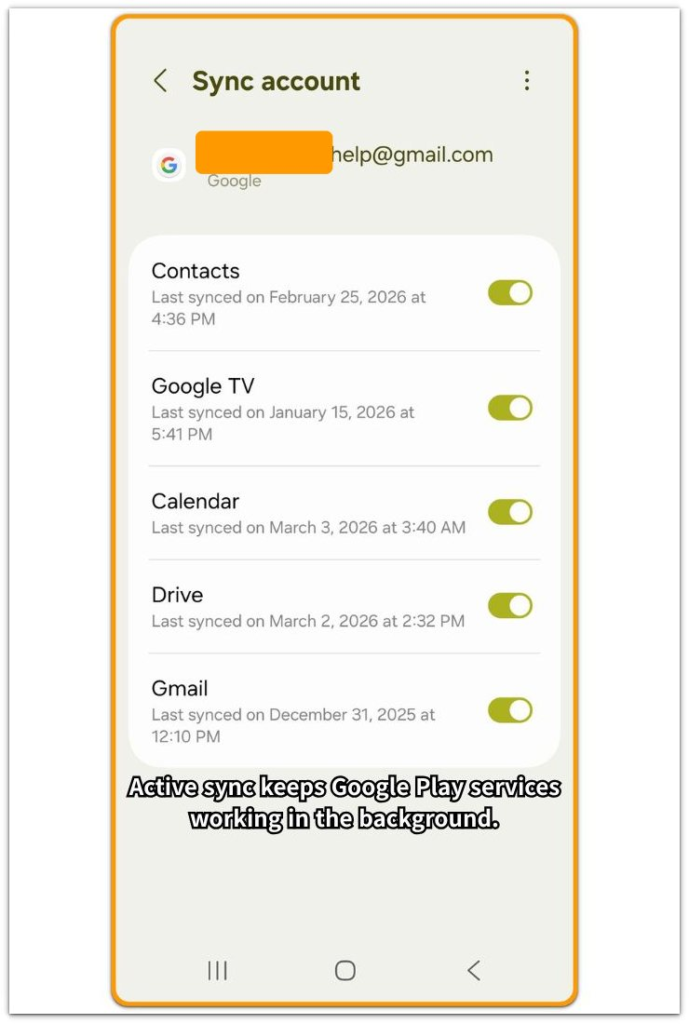 google account sync activity keeping google play services active