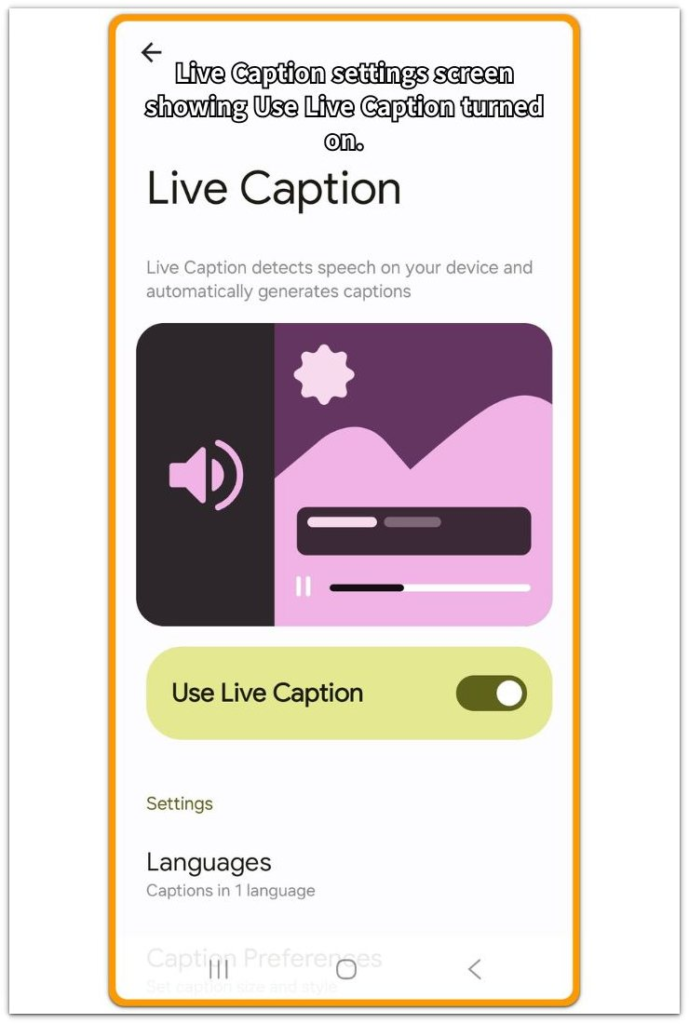 Android Live Captions battery drain setting screen with Use Live Caption turned on