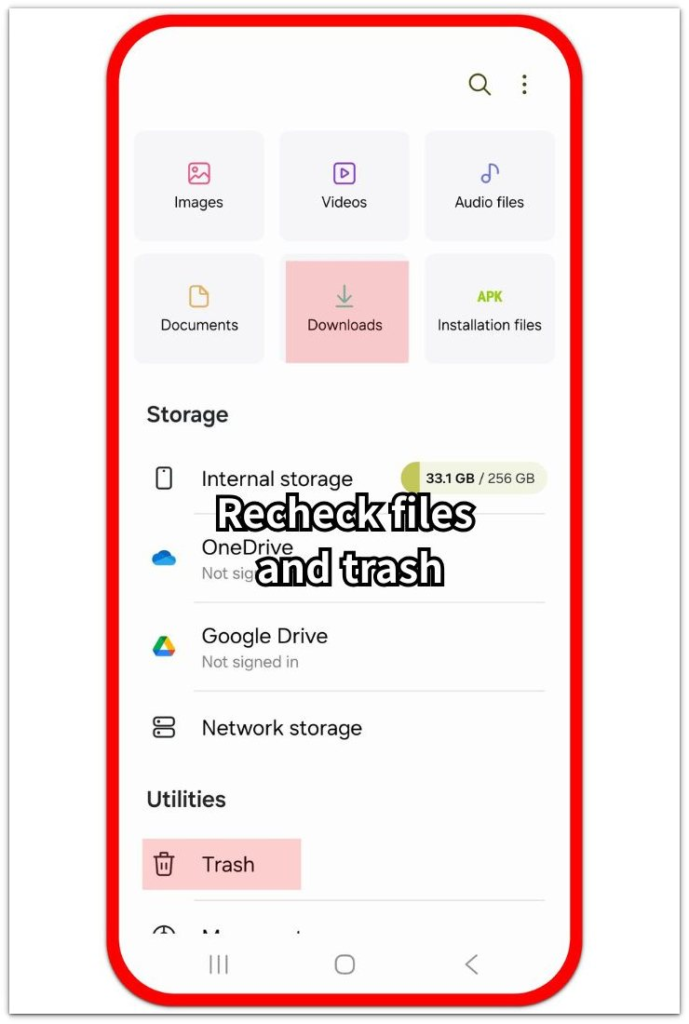 android storage problems files and trash check
