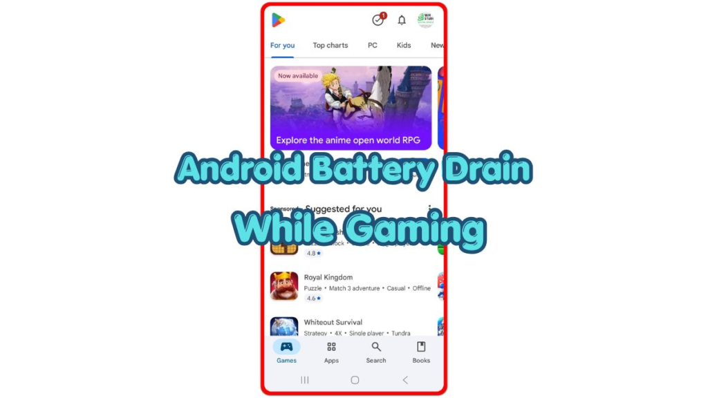 android battery drain while gaming shown with a game app screen