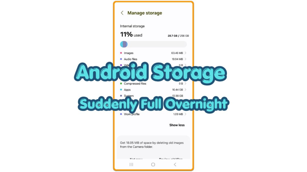 android storage suddenly full overnight thumbnail showing Android storage screen and overnight storage increase issue