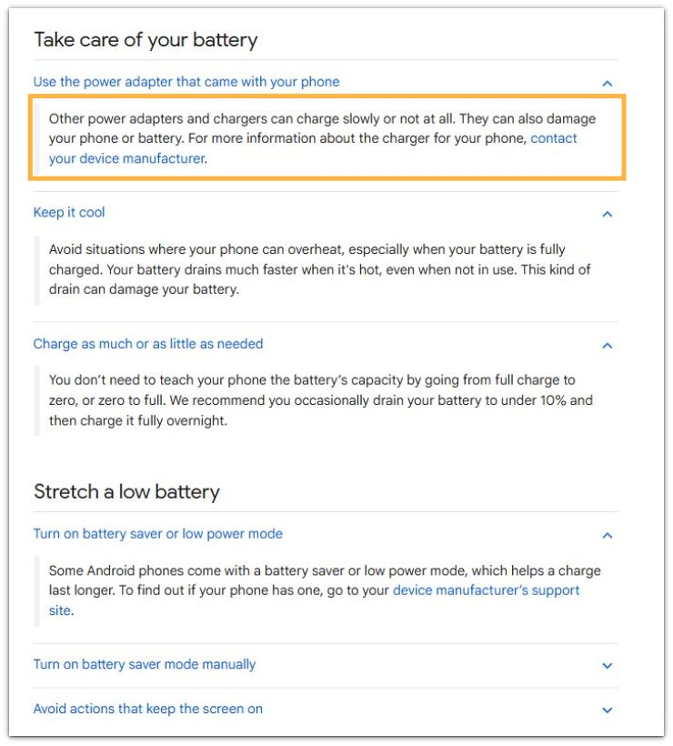 android charger and heat limits shown in google battery help