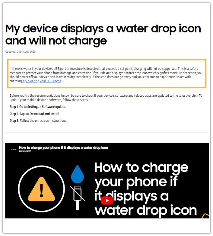 samsung official moisture detected charging warning support page
