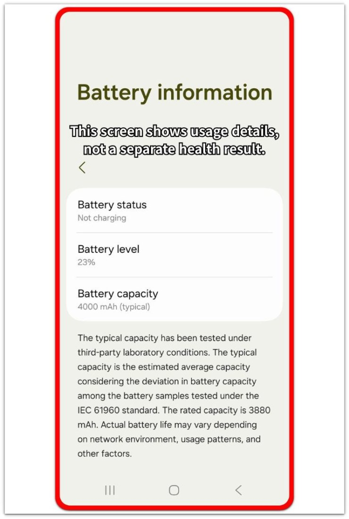 android battery information screen without battery health result