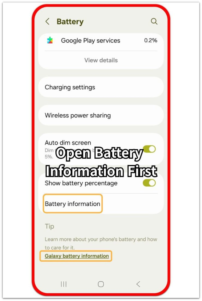 android battery information screen with open battery information first text