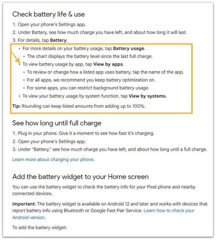 google battery usage details by app official source