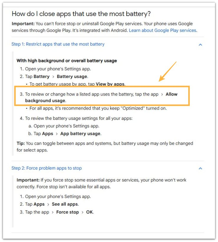 android google battery usage settings official source
