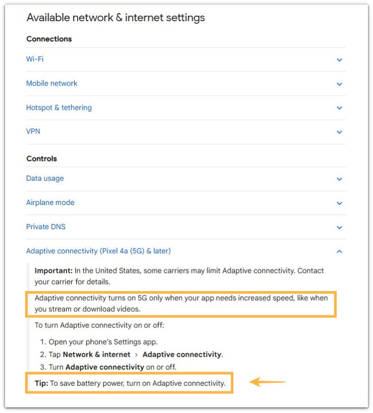 official android help page showing 5g turns on only when faster speed is needed and that this setting can help save battery power