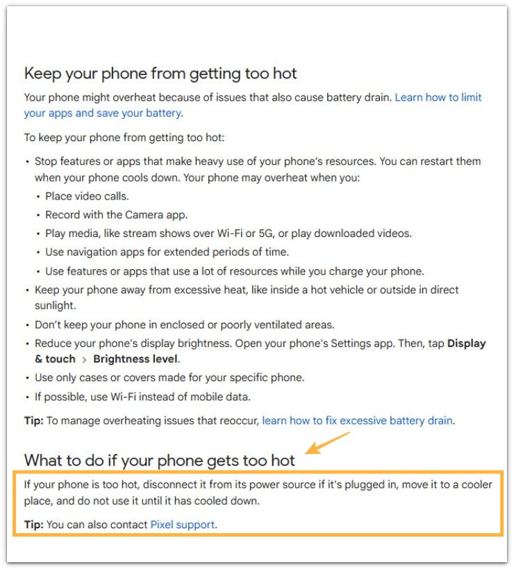 google support page section showing guidance for keeping a phone from getting too hot