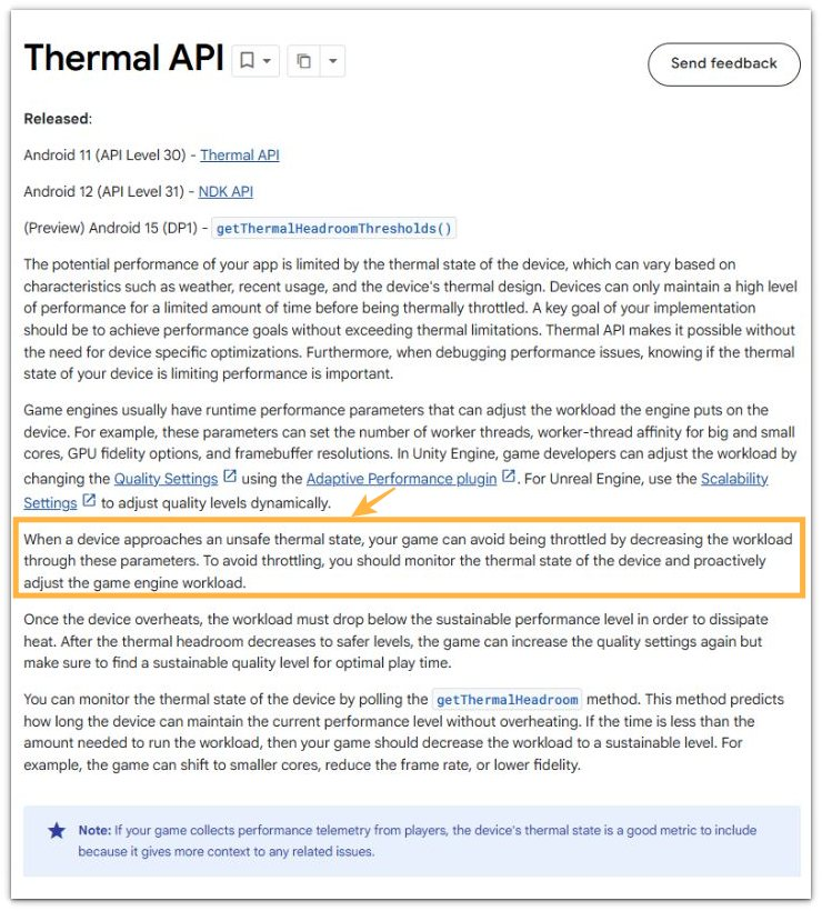 android thermal api game overheating performance limits screenshot