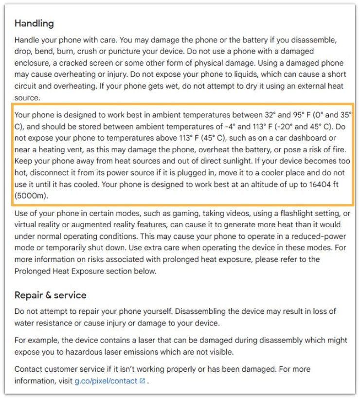 official support page showing that high heat can damage the phone, overheat the battery, or create a fire risk