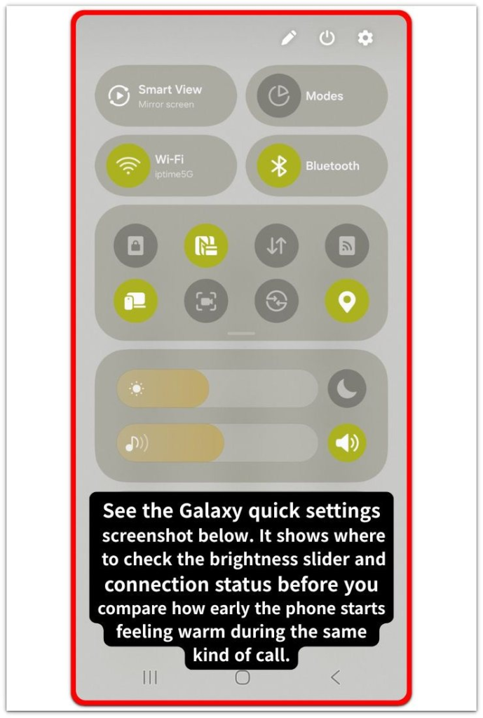 galaxy quick settings screen with brightness slider and connection status for early heat check during a video call