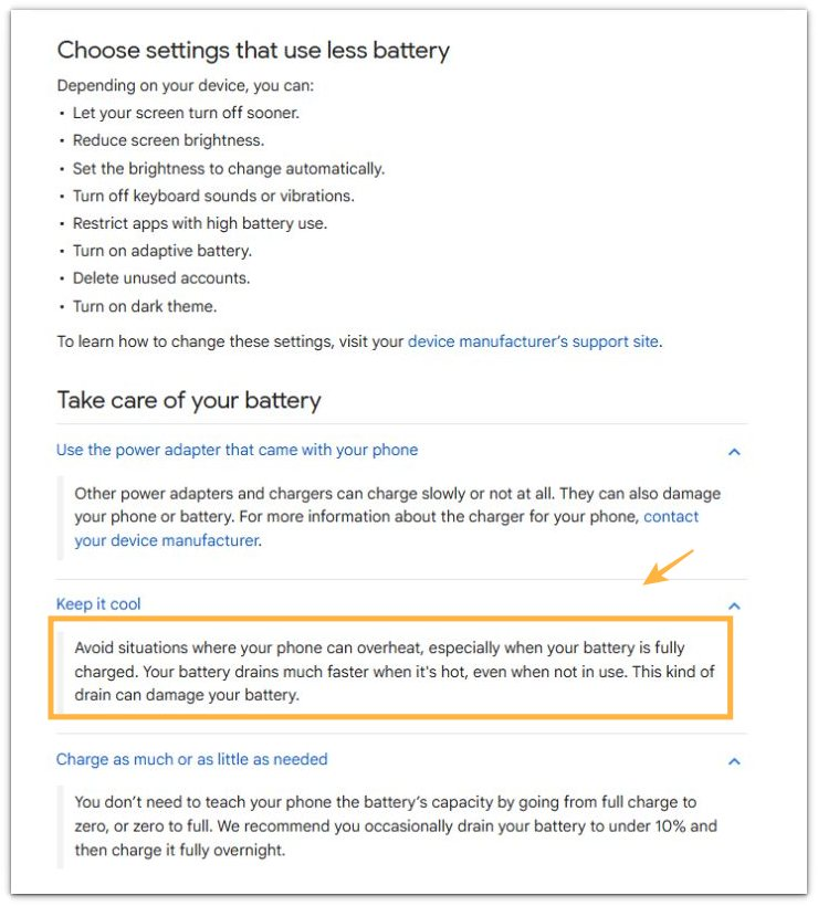 android official help page showing the keep it cool section and overheating warning