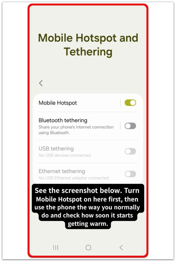 mobile hotspot and tethering screen with mobile hotspot turned on