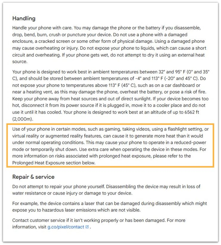 android phone overheating on weak signal official safety guidance screenshot showing heat can reduce performance or temporarily shut the phone down
