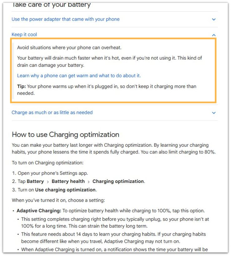 official support warning that a phone can overheat and heat can cause problems