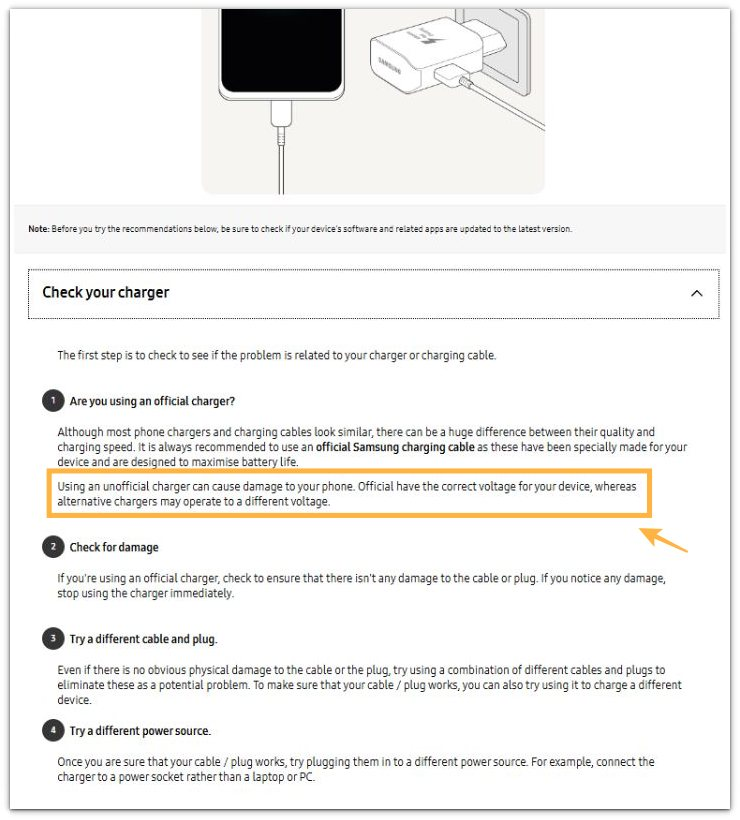 official samsung charger warning about unofficial chargers damaging your phone