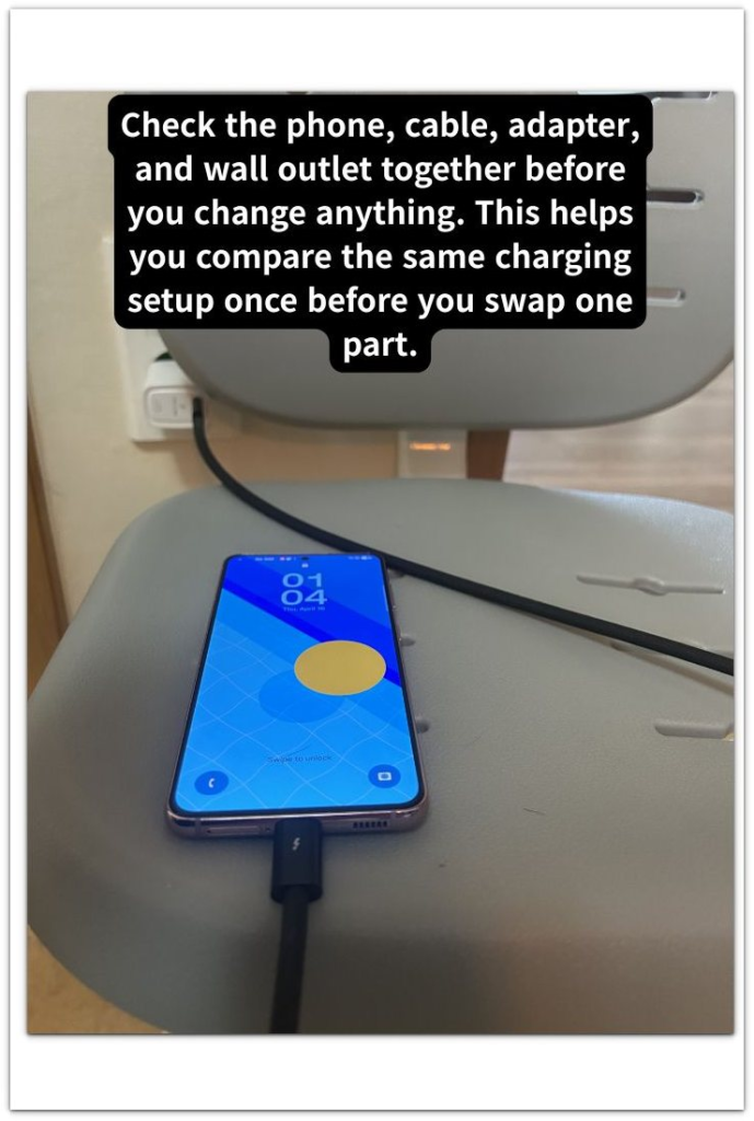 android phone connected to a cable with adapter and wall outlet visible