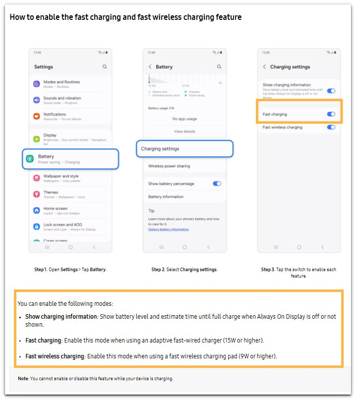android fast charging setting screen showing battery, charging settings, and fast charging option on a samsung phone