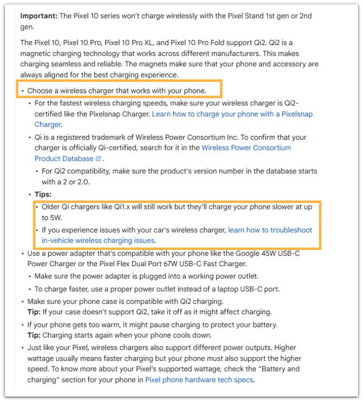 google pixel help page showing wireless charger compatibility and slower wireless charging guidance