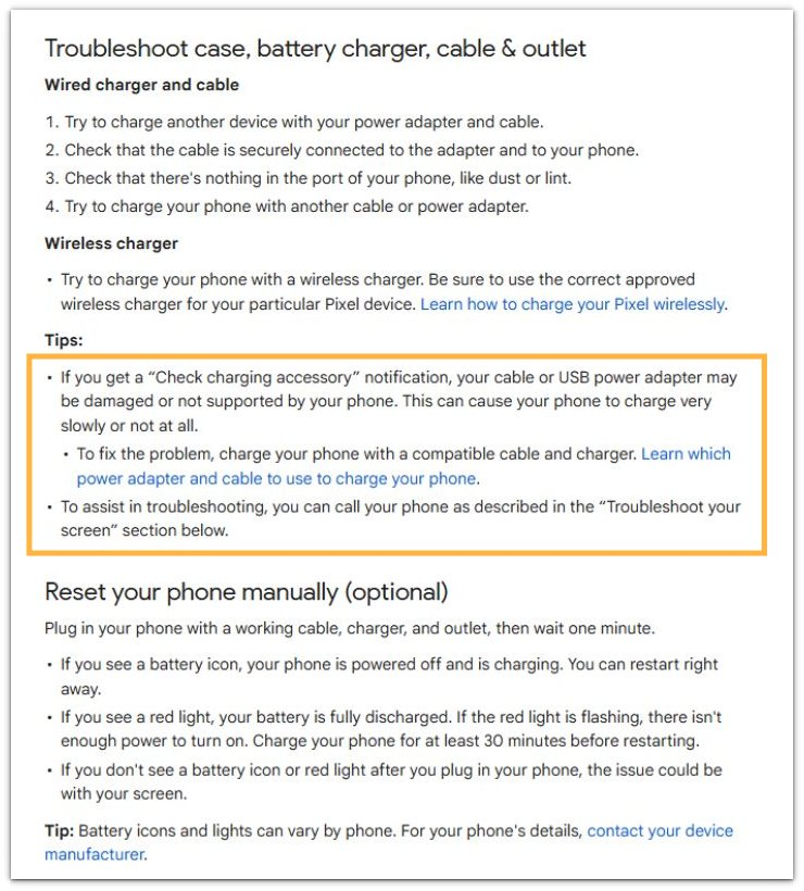 google help charging cable and usb power adapter issue
