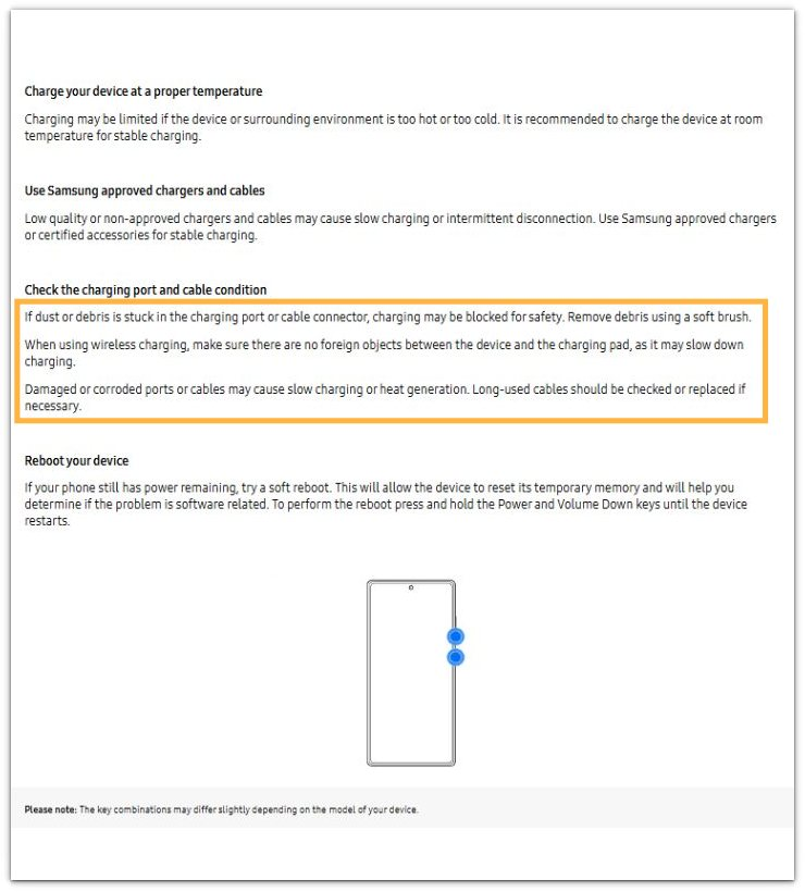 android charging port debris warning on official samsung charging guide