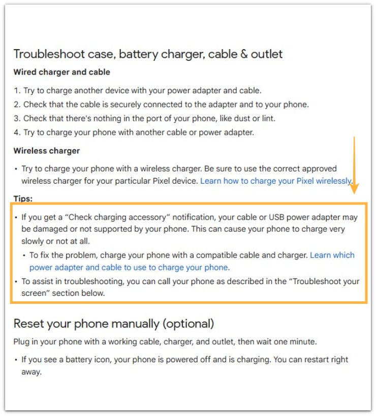 official android help page showing that a cable or usb power adapter may cause very slow charging or no charging at all