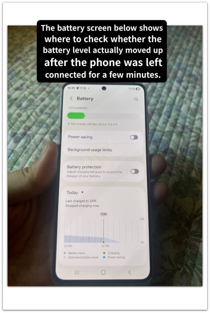 android battery screen showing battery level check after moisture warning