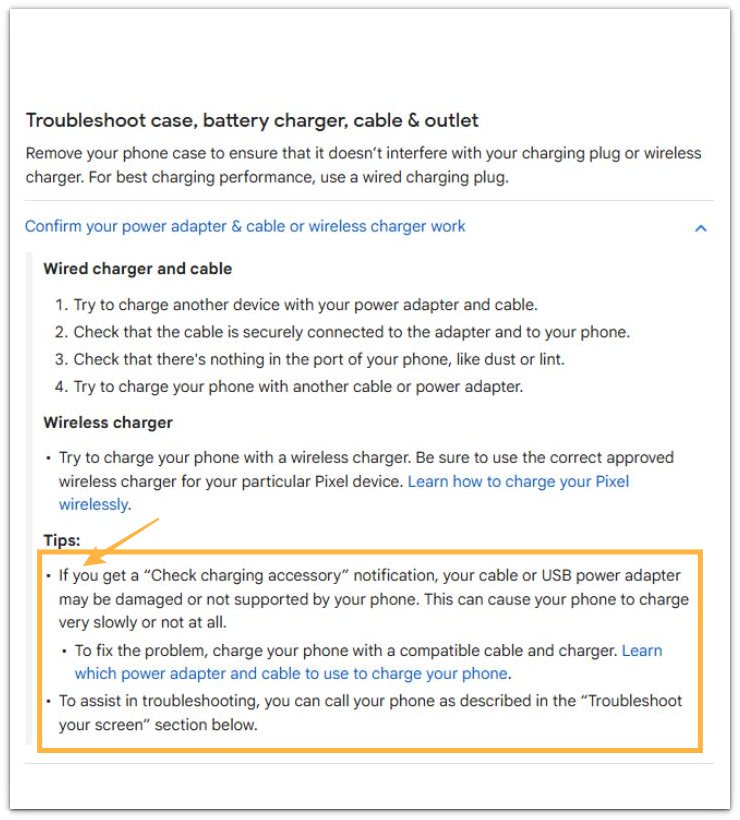 official pixel support screenshot showing that a damaged charging accessory can make a phone charge very slowly