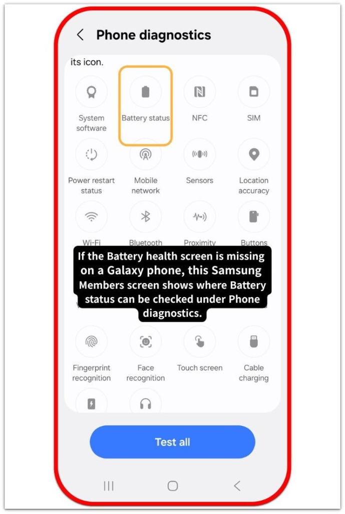 galaxy samsung members phone diagnostics battery status screen